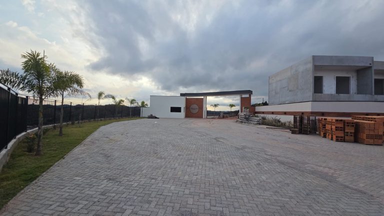 Rua interna pavimentada do Residencial Villas do Vale, com a portaria ao fundo
